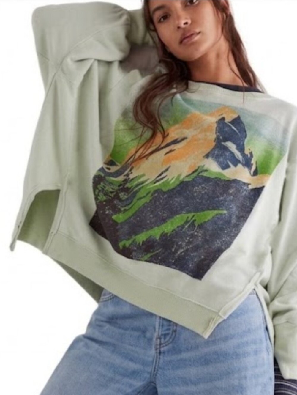 We The Free Sage Mountain Graphic Pullover Sweatshirt with Multicolor Print
